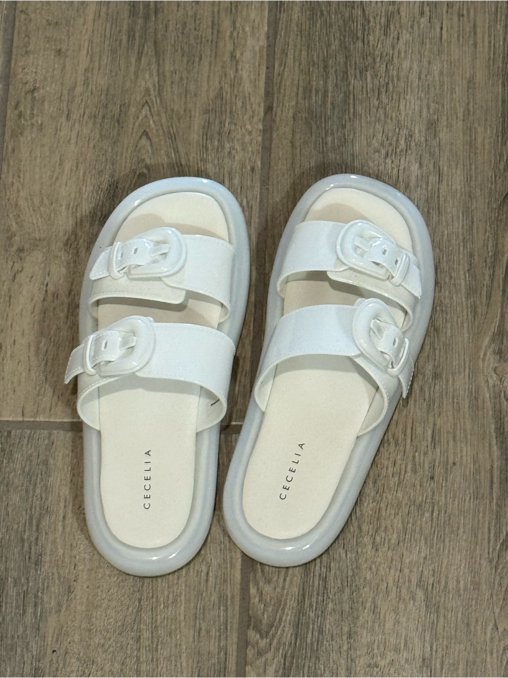CECelia New York White Double-Buckle Slide Sandals